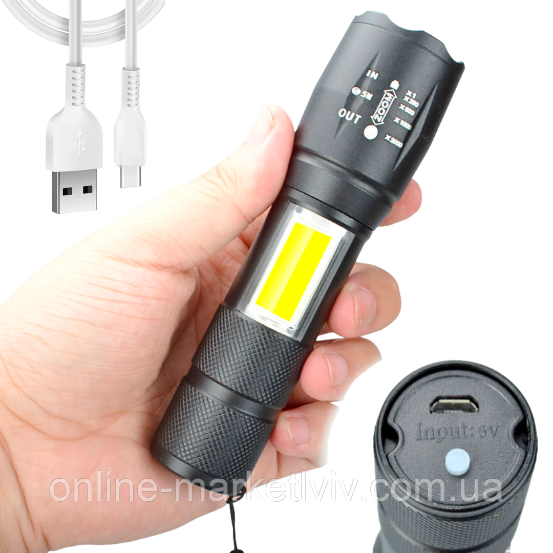Потужний ручний ліхтарик з USB-зарядкою та ZOOM, BL-29-T6 / Тактичний LED ліхтар на акумуляторі, фото 1