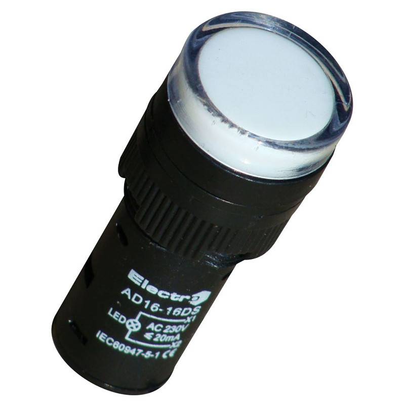 Світлосигнальний індикатор AD16, 16 mm, білий, АС, 230 В, LED