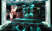 Фотообои в интерьере 368x254 см 3Д Бирюзовый водопад среди скал и дверей (2115P8)+клей