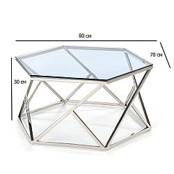 Геометричний скляний журнальний столик Cristina 80х70х30 см димчастий на сталевому каркасі в стилі гламур