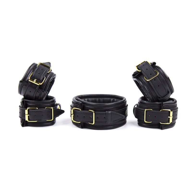 Чорний бдсм набір із золотою фурнітурою Black Gold Bondage Kit 3 Pieces | Puls69, фото 1