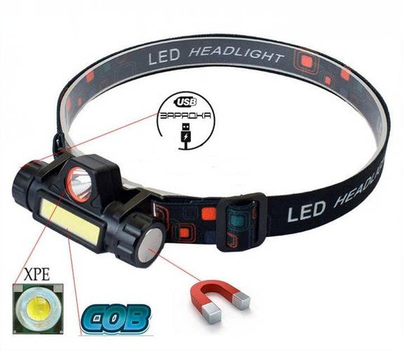 Фонарь налобный HeadLight светодиодный аккумуляторный, с магнитом micro ...