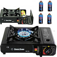 Компактна Портативна туристична газова плита пальник із п'єзопідпалом + 4 балони, Одноконфоркова