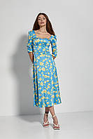 Шикарное голубой яркое демисезонное платье длины ниже колен с рукавом три четверти голубой+желтый 42, 46