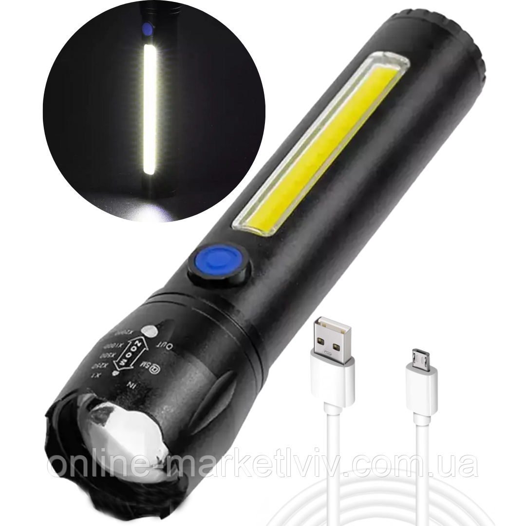 Тактичний ліхтар 2в1 BL-C62, акумуляторний з USB, ZOOM та бічним світлом + Кейс / Потужний ручний ліхтарик, фото 1