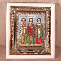 Ікона Василій, Григорій та Іоанн Златоуст святителі, лик 10х12 см, у білому прямому дерев'яному кіоті