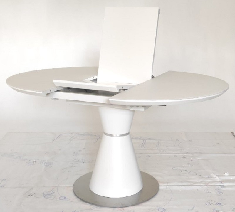 Стол круглый раскладной на одной ноге ТМL-651-1 матовый белый со стеклом 105-145х105х76 см - фото 4 - id-p1515114959
