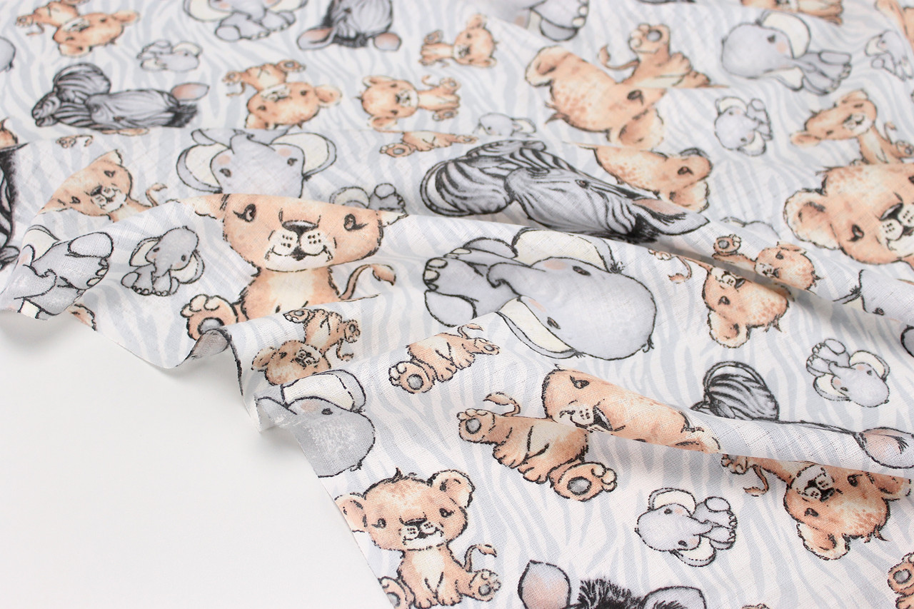 Муслін клітинка "Леви зебри та слоники" на білому тлі №2-122, фото 1