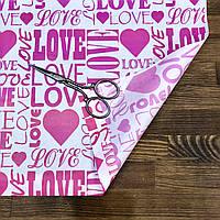 Бумага упаковочная для подарков и цветов Розовые надписи LOVE на белом фоне