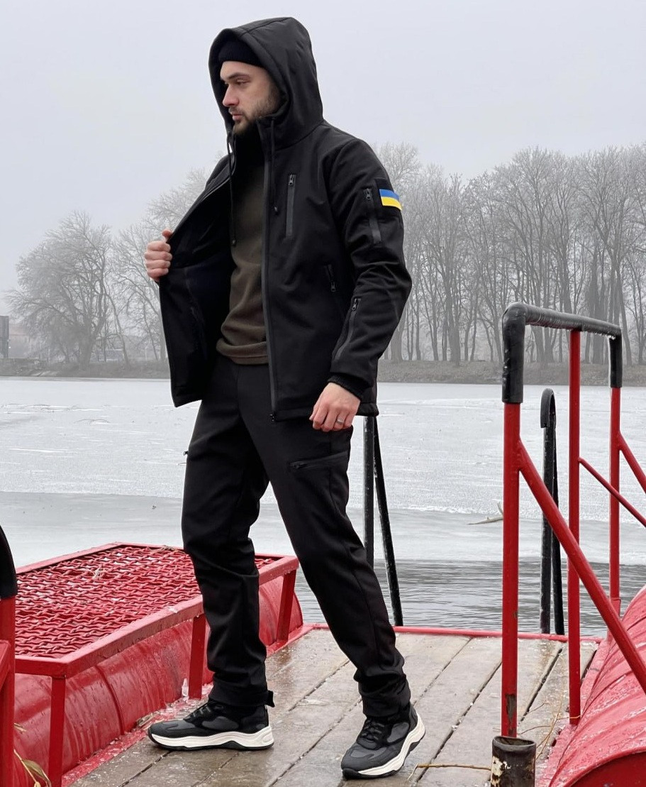 Тактичний костюм чоловічий Softshell із шевроном осінь-зима теплий на флісі демісезонний черная, фото 1
