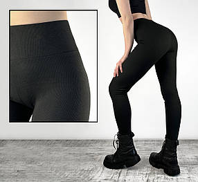 Лосини жіночі в рубчик L — 2XL Легінси трикотажні високий пояс Чорний колір