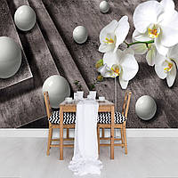 Флизелиновые фотообои для кухни цветы 254x184 см 3Д серые шары и орхидеи (3015V4)+клей