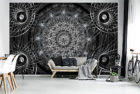 Абстрактні флізелінові фотошпалери на стіні 254x184 см Срібна мандала на чорному тлі (3050V4)+клей