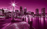 Флизелиновые фотообои в спальню улица в розовом цвете 254x184 см Яркий фонарь в ночном городе (284V4)+клей