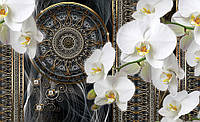 Флизелиновые фотообои для кухни 3д цветы 254x184 см Роскошный узор с мандалой и белыми орхидеями (3089V4)+клей