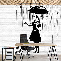 Фото обои кирпичная кладка граффити 254x184 см Девочка с зонтиком под дождем Бэнкси (2896P4)+клей