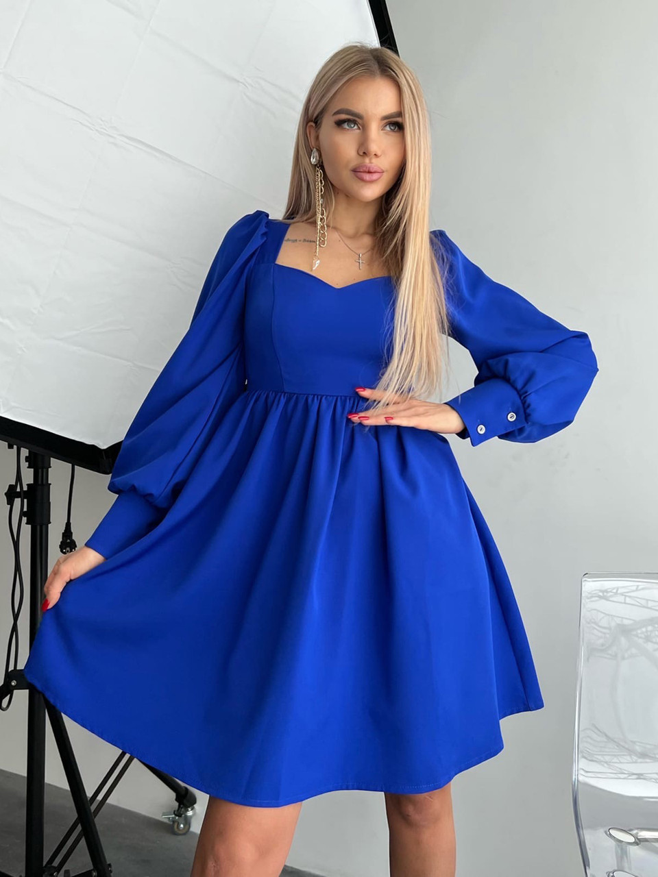 Коктейльне стильне плаття з костюмної тканини, синє, фото 1