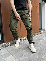 Чоловічі штани хакі осінні весняні котонові з кишенями, Демісезонні хакі штани карго чоловічі на гумці