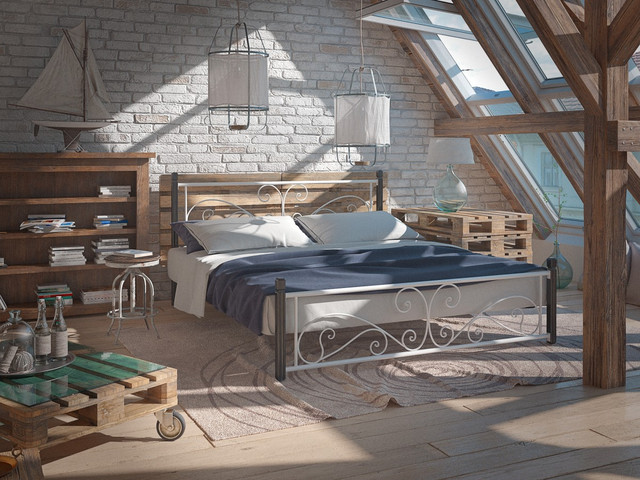 двоспальне ліжко Нарцис білий метал і коричневі дерев'яні ніжки