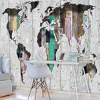 Фото обои 3д 254x184 см Карта мира на цветных деревянных досках за серой бетонной стеной (3134P4)+клей
