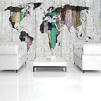 Флизелиновые фотообои 3д 254x184 см Карта мира на цветных деревянных досках за серой бетонной стеной