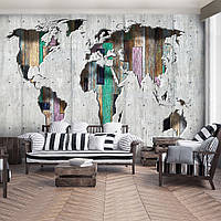 Флизелиновые фотообои 3д 312x219 см Карта мира на цветных деревянных досках за серой бетонной стеной