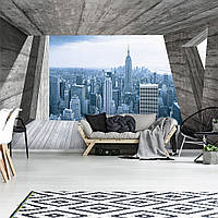 Обои город в интерьере фото серая комната 254x184 см 3Д вид на небоскребы Нью-Йорка (3142P4)+клей