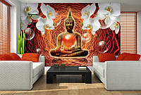 Абстракция флизелиновые фотообои на стену 416x254 см 3д Будда белые орхидеи и прозрачные шары