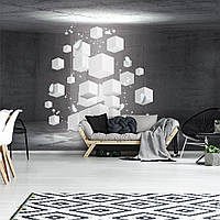 Фото обои серая бетонная комната 254x184 см Абстракция 3D белые кубики в невесомости (3377P4)+клей