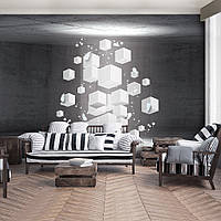 Фотообои в зал серая бетонная комната 368x254 см Абстракция 3D белые кубики в невесомости (3377P8)+клей
