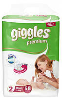 Подгузники детские Giggles Premium 2 Mini 3-6 кг 58 шт одноразовые подгузники для новорождённых памперсы