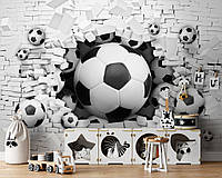 Фотообои 3 д черно-белые детские для мальчика 368x280 см футбольные мячи в кирпичной стене (3383P10)+клей