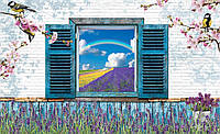 Красивые флизелиновые фотообои на кухню Цветы Птицы Кирпич 254x184 см Лавандовое поле и радуга за окном