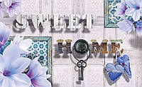 Флизелиновые фотообои для спальни 3д цветы 254x184 см Надпись МИЛЫЙ ДОМ и синие магнолии (3497V4)+клей