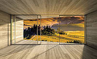 Фотообои для кухни 3д деревянные доски 254x184 см Вид из окна террасы на пейзаж Тосканы (3303P4)+клей