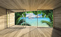 Флізелінові фотошпалери 3д дерев'яні дошки 368x254 см Вид з вікна тераси на кораблі (3310V8)+клей