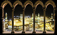 3д черные с желтым фотообои на всю стену город 368x254 см Ночная мечеть аль-Харам за арками (3334P8)+клей