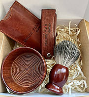 Подарунковий чоловічий набір для гоління (помазок натуральний, дерев’яна чаша) і розчіска
