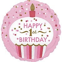 Фольгированный шарик Anagram 18"(45 см) Круг "Happy 1st Birthday" Кекс для девочки