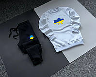 Мужской спортивный костюм с картой Украины зимний теплый белый-черный | Комплект Кофта + Штаны на флисе
