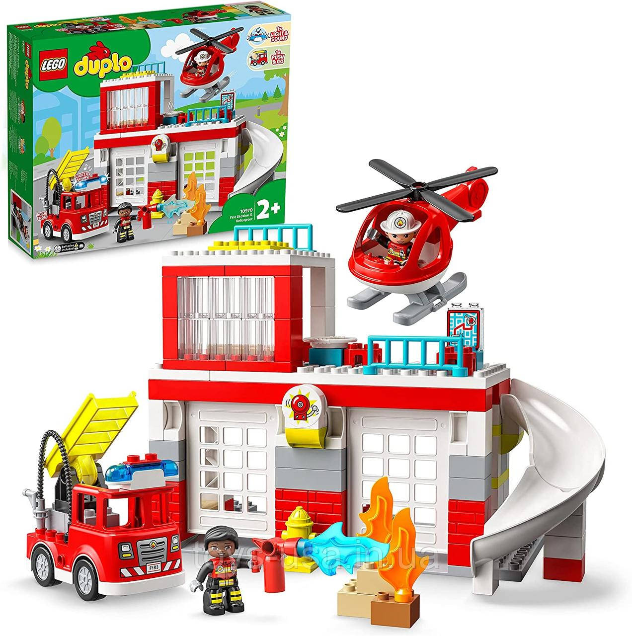 Конструктор Лего Lego Duplo 10970 Пожежне депо та гелікоптер Fire Station Helicopter Fire Engine