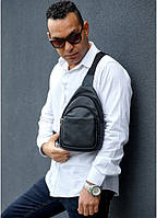 Мужская черная кожаная сумка через плечо слинг качественная молодежная вместительная для мужчин 29х19х6 см MR