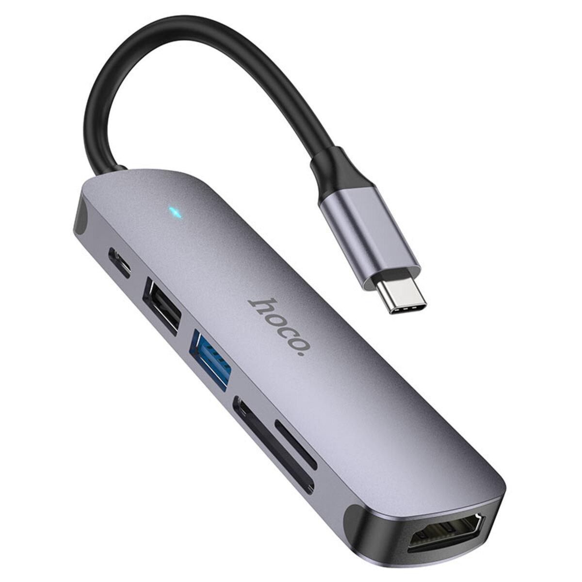 USB-хаб HOCO HB28 Type-C multi-function converter(HDTV+USB3.0+USB2.0+SD+TF+PD) Metal Gray lly