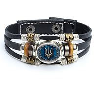 Патріотичний шкіряний браслет з національною символікою - Тризуб України синій фон на застібці