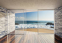 Флизелиновые 3д фотообои в спальню природа 368x254 см Панорамные окна с видом на морской пляж (3603V8)+клей