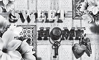 Флизелиновые фотообои для кухни 3д цветы 368x254 см Черно-белая надпись МИЛЫЙ ДОМ и магнолии (3640V8)+клей