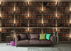 Флізелінові коричневі фотошпалери книжкові полиці в інтер'єрі шафа 368x254 см Бібліотека повна книг (3688V8)+клей