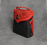 Шкіряний червоно-чорний рюкзак ручної роботи, сумка-рюкзак з авторським тисненням, фото 4