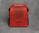 Шкіряний червоно-чорний рюкзак ручної роботи, сумка-рюкзак з авторським тисненням, фото 3