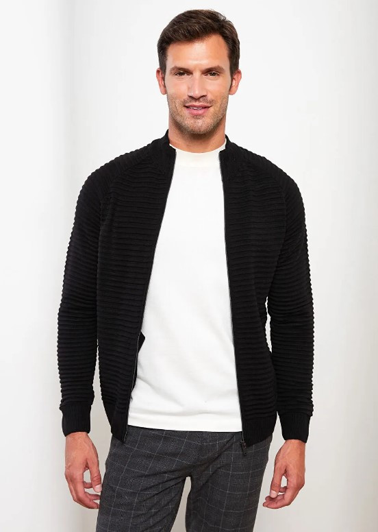 Чорна чоловіча кофта LC Waikiki/ЛС Вайкікі на блискавці, з кишенями, рельєфної в'язки, фото 1